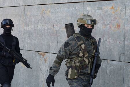 Club of stuntmen shows to people of the city a simulation of training of police special forces in Vilagarcia de Arousa, Galicia, Spain. June 16, 2014.のeditorial素材