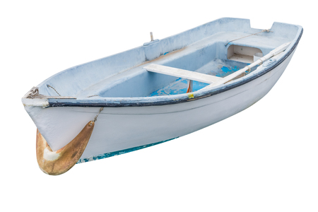 wooden fishing boat isolated on white backgroundの写真素材