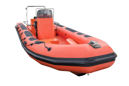 red inflatable rubber boat isolated on white backgroundの写真素材