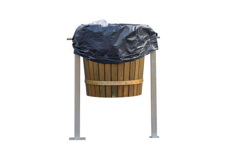wooden trash bin isolated on a white backgroundの写真素材