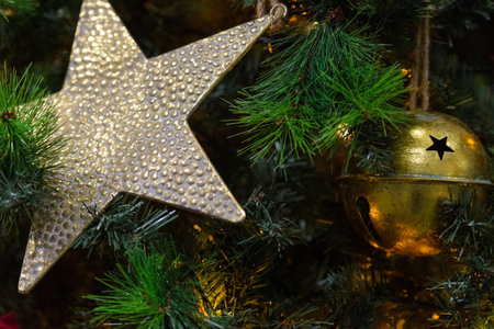 Christmas decorations on the Christmas tree close-upの写真素材