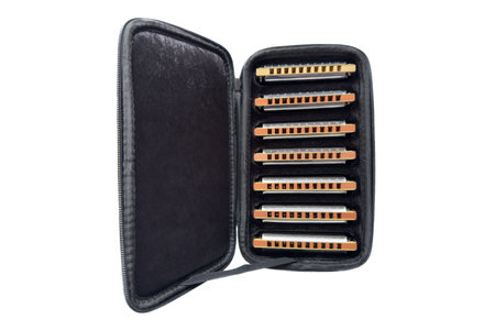 set of harmonicas in black case isolated on a white background