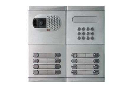 silver intercom with keypad isolated on a white background