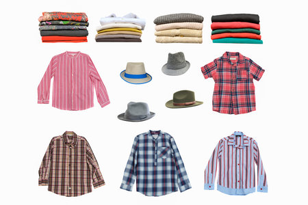 set of clothes, shirts, sweaters and hats isolated on white background, collection