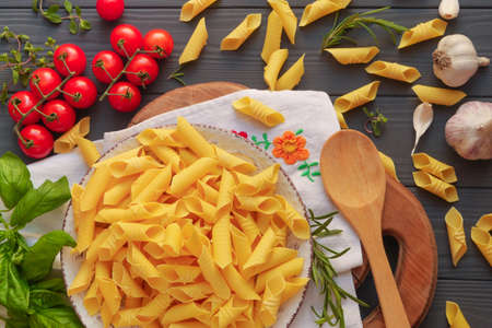 Garganelli pasta on a white towelの写真素材