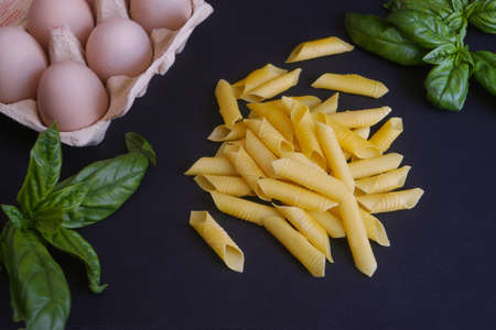 Garganelli pasta on a black background next to eggs and fresh basilの写真素材