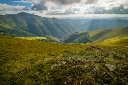 Rain clouds above Carpathians. Panorama of Borzhava ridge of the Ukrainian Carpathian Mountainsの写真素材
