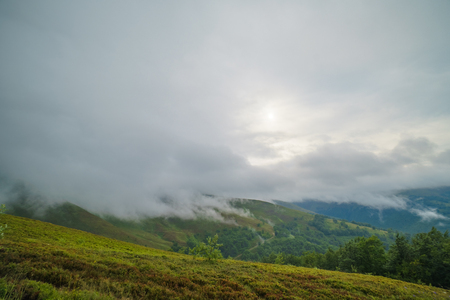 Rain clouds above Carpathians. Panorama of Borzhava ridge of the Ukrainian Carpathian Mountainsの写真素材