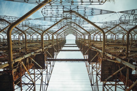 Duga - Soviet over-the-horizon OTH radar system. Duga-3 Russian Woodpecker - antenna complex, military object of USSR ABM. Chernobyl Exclusion Zone, Pripyat, Ukraineの写真素材