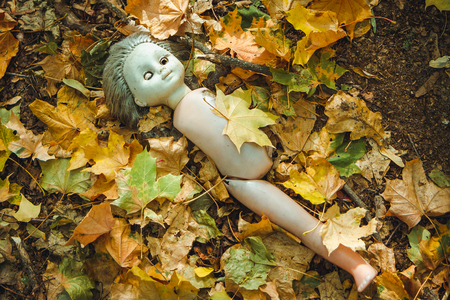 Old doll in Chornobyl exclusion zone. Radioactive zone in Pripyat city - abandoned ghost town. Chernobyl history of catastrophe. Lost place in Ukraineの写真素材
