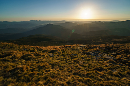 Mountains sunset - landscape of the Ukrainian Carpathian Mountains, Chornohoraの写真素材