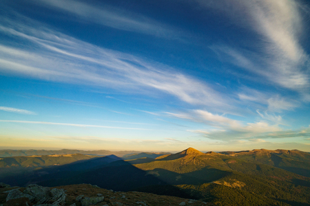 Beautiful landscape at sunset of Mount Hoverla is the highest mountain of the Ukrainian Carpathian Mountains, Chornohora, Goverla from Mount Petrosの写真素材