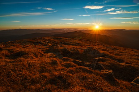 Beautiful landscape at sunset of the Ukrainian Carpathian Mountains, Chornohora from Mount Petrosの写真素材
