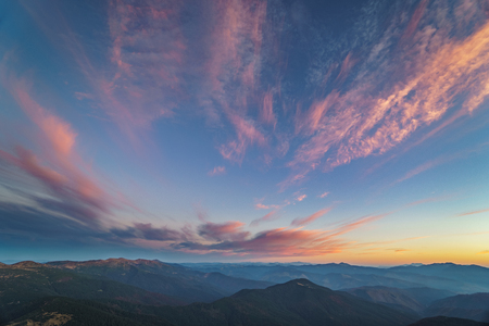 Beautiful landscape at sunset of the Ukrainian Carpathian Mountains, Chornohora from Mount Petrosの写真素材