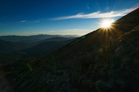 Sun above Ukrainian Carpathian Mountains, Chornohora, Carpathiansの写真素材