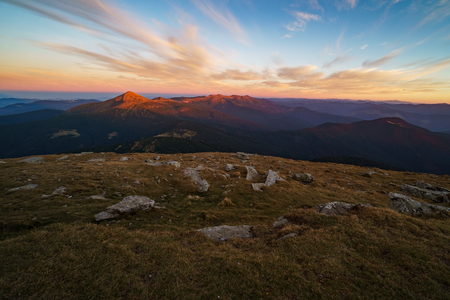Beautiful landscape at sunset of Mount Hoverla is the highest mountain of the Ukrainian Carpathian Mountains, Chornohora, Goverla from Mount Petrosの写真素材