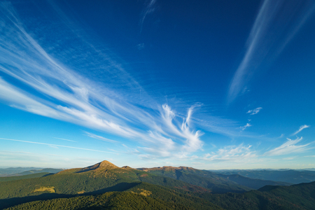 Beautiful sunny landscape of Mount Hoverla is the highest mountain of the Ukrainian Carpathian Mountains, Chornohora, Goverla from Mount Petrosの写真素材