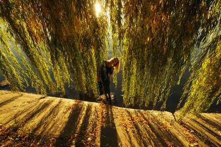 Autumn portrait of smiling young girl near willow on the background of a lake at sunsetの写真素材