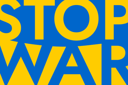 Poster with the words Stop War on the background of the yellow-blue Ukrainian flag. Stand with Ukraine and save it from russia.のイラスト素材