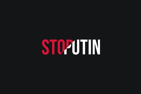 Poster with red and white stylized words Stop putin on the black background. Stand with Ukraine and save it from russia. Stop the war.のイラスト素材
