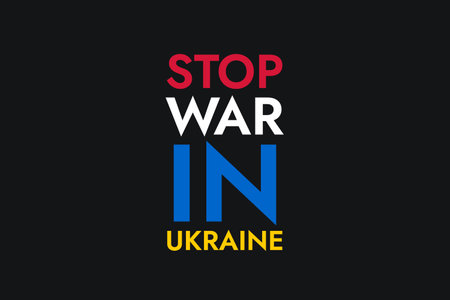Poster with colored words Stop War in Ukraine on the black background. Stop russia.のイラスト素材