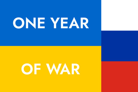 Poster with the words One Year of War on the background of the blue and yellow flag of Ukraine and the white-blue-red tricolor of the flag of russia.のイラスト素材
