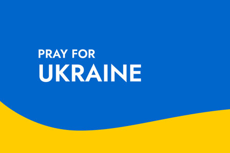 Poster with the words Pray for Ukraine on the background of the yellow-blue Ukrainian flag. Stand with Ukraine and save it from Russia. Stop the war.のイラスト素材
