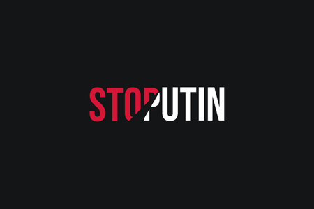 Poster with red and white stylized words Stop putin on the black background. Stand with Ukraine and save it from russia. Stop the war.のイラスト素材