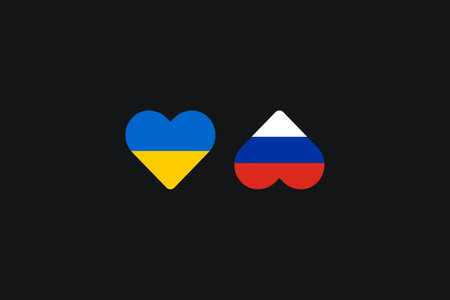 Poster with a heart or love symbol in the blue and yellow colors of the flag of Ukraine and the symbol or shape of an ass in the colors of the white-blue-red tricolor of the flag of russia on a black background..のイラスト素材