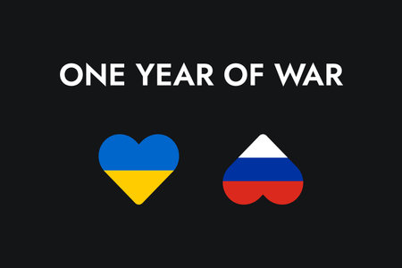 Poster with the phrase One year of war on a black background with a heart or love symbol in the blue and yellow colors of the flag of Ukraine and the symbol or shape of an ass in the colors of the white-blue-red tricolor of the flag of russiaのイラスト素材