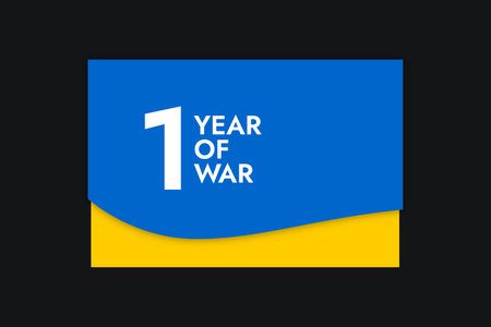 Letter with the words One Year of War on the background of the yellow-blue Ukrainian flag. Pray and Stand with Ukraine and save it from Russia.のイラスト素材