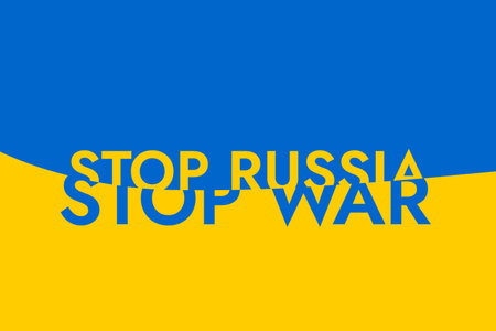 Poster with the words Stop russia - Stop War on the background of the yellow-blue Ukrainian flag. Stand with Ukraine and save it.のイラスト素材