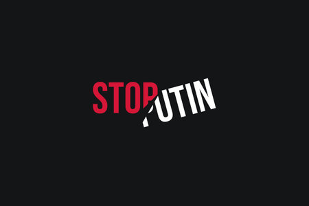 Poster with red and white stylized words Stop putin on the black background. Stand with Ukraine and save it from russia. Stop the war.のイラスト素材