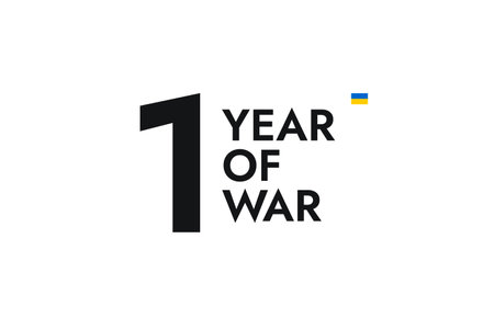 Poster with the black words One Year of War with the flag of Ukraine on the white background. Stop the War.のイラスト素材