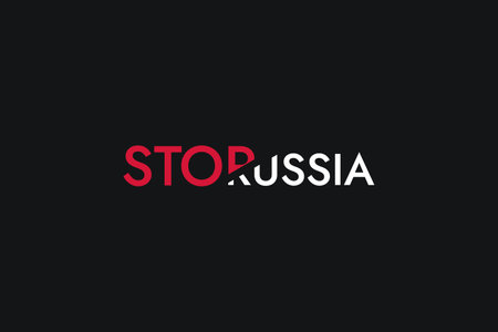 Poster with red and white stylized words Stop russia on the black background. Stand with Ukraine and save it from russian invasion. Stop the war.のイラスト素材