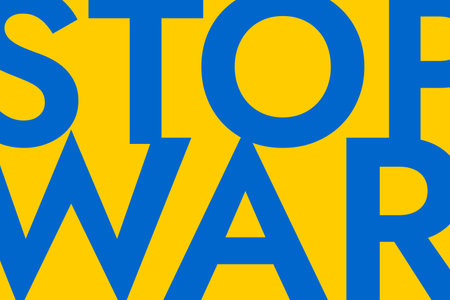 Poster with the words Stop War of russian invasion on the background of the yellow-blue Ukrainian flag. Stand with Ukraine and save it from russia.のイラスト素材