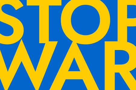 Poster with the words Stop War of russian invasion on the background of the yellow-blue Ukrainian flag. Stand with Ukraine and save it from russia.のイラスト素材