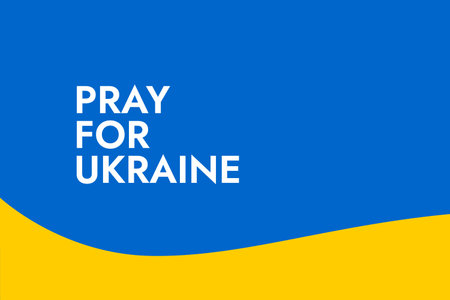 Poster with the words Pray for Ukraine on the background of the yellow-blue Ukrainian flag. Stand with Ukraine and save it from Russia. Stop the war of Russian invasion.のイラスト素材
