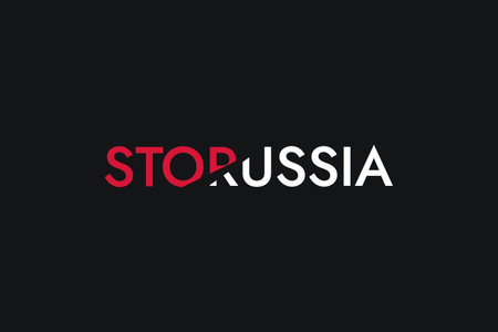Poster with red and white stylized words Stop russia on the black background. Stand with Ukraine and save it from russian invasion. Stop the war.のイラスト素材