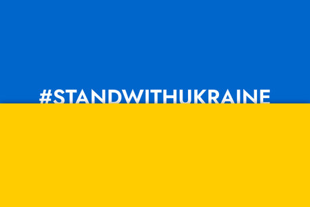 Hashtag standwithukraine poster on the background of the blue and yellow Ukrainian flag in support of Ukraine in its fight against Russian aggression. Stand with Ukraine banner. Stop War campaign.のイラスト素材