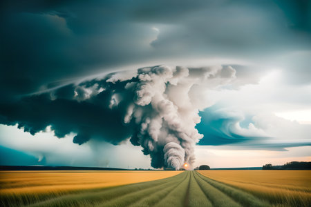Dramatic landscape with dangerous and scary tornado in yellow-green field with strong wind. Disaster concept. Generative AIの素材