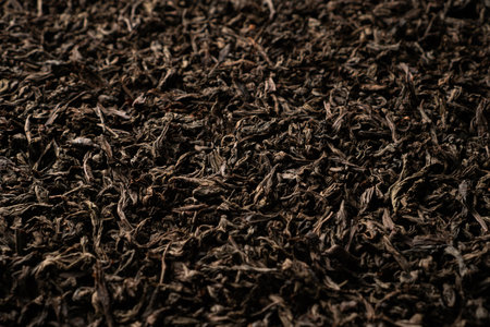 Background of black loose-leaf tea. Close up, angled viewの写真素材