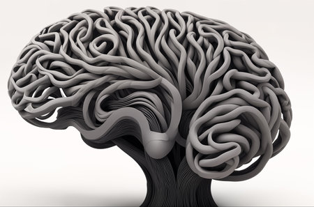 An abstract black and white sculpture or model of a human brain shaped like a tree. Generative AIの素材