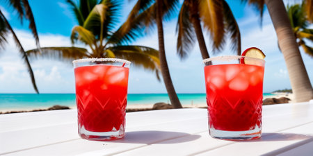 A red cocktail in a glass on a white table against the background of a sea beach on a bright sunny day under palm trees. Generative AIの素材