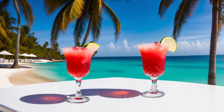 A red cocktail in a glass on a white table against the background of a sea beach on a bright sunny day under palm trees. Generative AIの素材