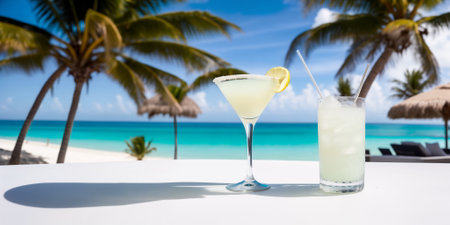 A white cocktail in a glass on a white table against the background of a sea beach on a bright sunny day under palm trees. Copy space for advertising text. Generative AIの素材