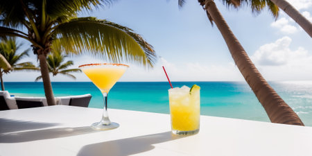 A yellow cocktail in a glass on a white table against the background of a sea beach on a bright sunny day under palm trees. Generative AIの素材