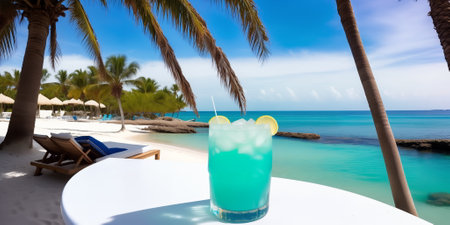 A blue cocktail in a glass on a white table against the background of a sea beach on a bright sunny day under palm trees. Copy space for advertising text. Generative AIの素材