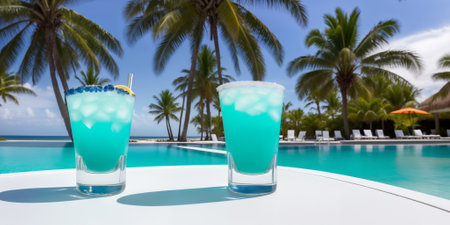 A blue cocktail in a glass on a white table against the background of a sea beach on a bright sunny day under palm trees. Generative AIの素材