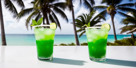 A green cocktail in a glass on a white table against the background of a sea beach on a bright sunny day under palm trees. Generative AIの素材